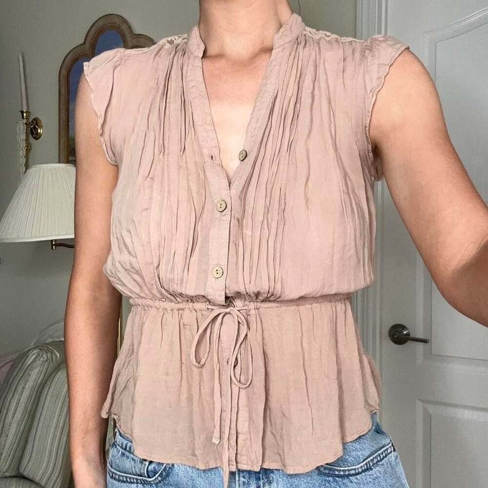 Mine Button Up Fairy Blouse with Lace Detail and Tie Waist